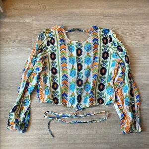 Mango Vibrant Blue and Orange Tie Up Blouse Size 8 / Large